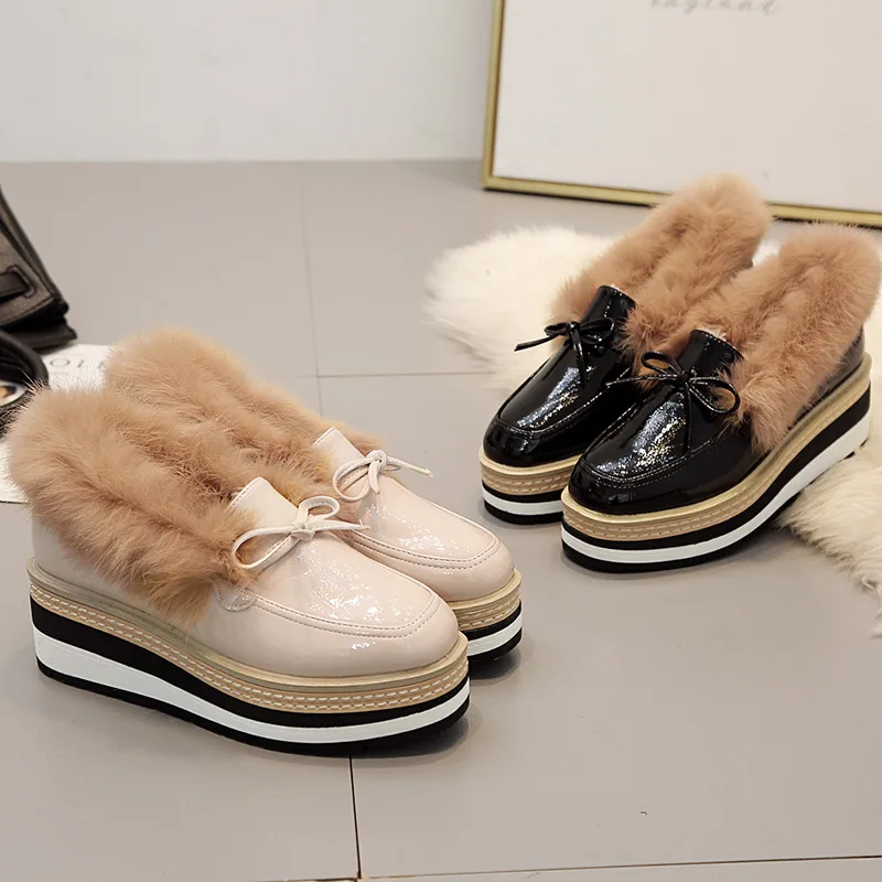 Зимняя обувь с бантом zapatos для девочек плюшевая на плоской подошве мехом удобные