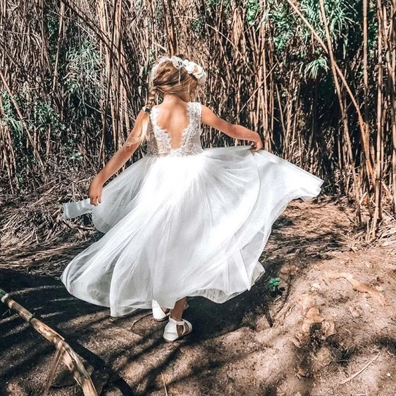 2019 Summer Girl Clothes For Lace Flower Transparent Backless Dress Wedding Party for Teenagers Ceremony Long Tulle Gown | Детская