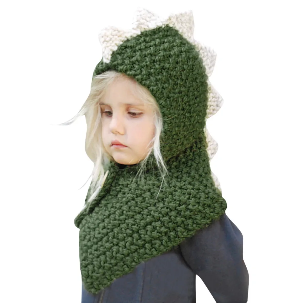 Зимние шапки с динозавром для малышей, Детские теплые шерстяные шляпы с лисой, Coif, капюшон, шарф, шапки для мальчиков и девочек, милые Мультяшные бейсболки с животными, От 1 до 7 лет