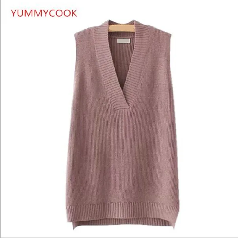 YUMMYCOOK Ретро стиль без рукавов v-образный вырез вязаный жилет женский свободный