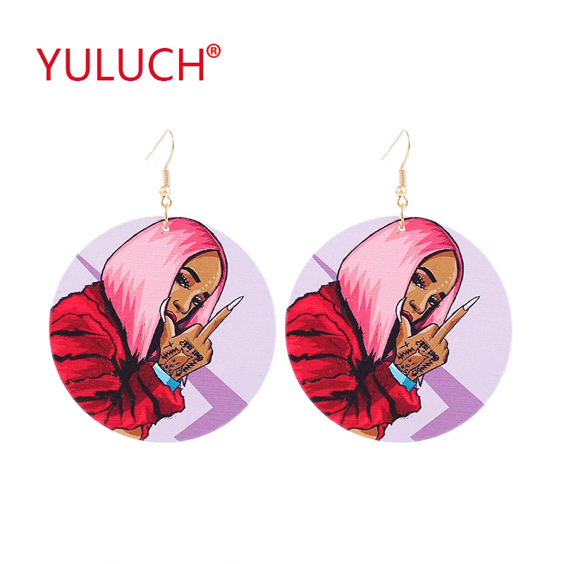 

YULUCH Fashion trend girl wooden painted printing round design earrings pendant for sweet personality woman jewelry gift