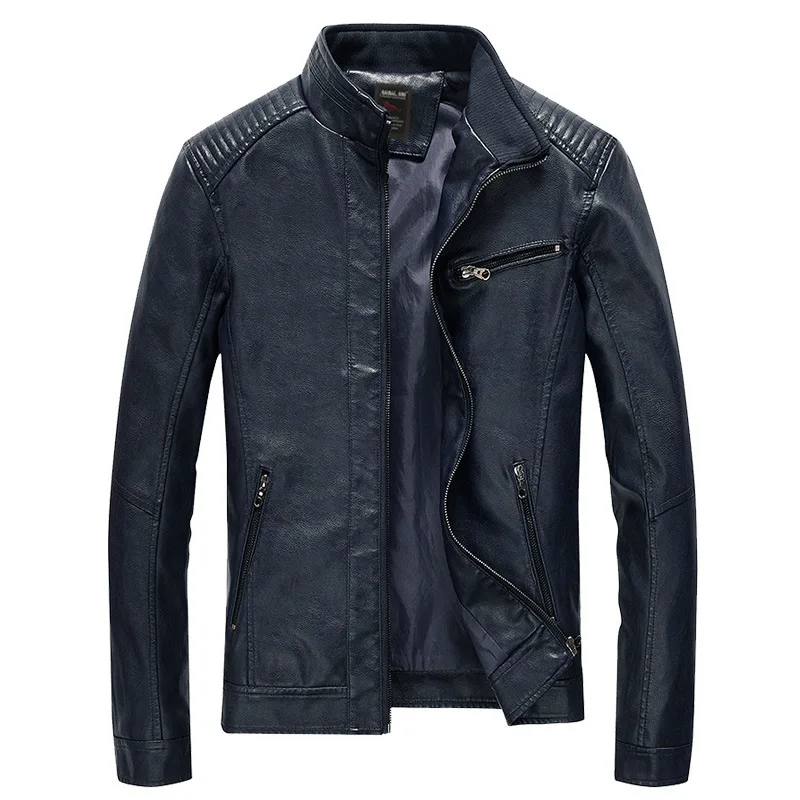 Dark blue Брендовые мотоциклетные кожаные куртки мужские осенние приталенные пальто со стоячим воротником Jaqueta Couro мужская куртка-бомбер пальто из искусственной кожи - Цвет: Dark blue