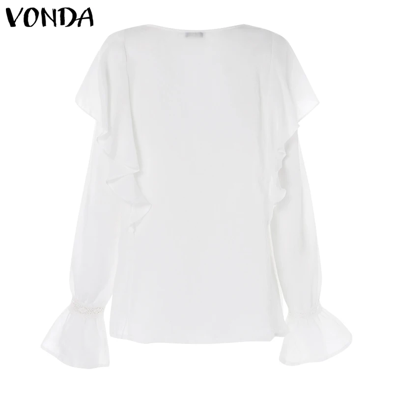 VONDA, размера плюс, белая хлопковая Женская туника, Пляжная блузка, Осенние тонкие топы с рукавами-колокольчиками, женские повседневные свободные блузы, больше размера d