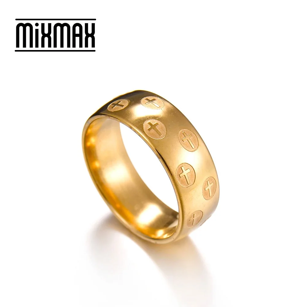 

MixMax 20pcs Golden Plated Men's Top Cross ETCHED Christian Stainless Steel Rings Never Fade