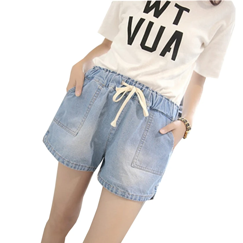 Женские шорты с высокой талией и карманами прямые синие джинсовые на завязках