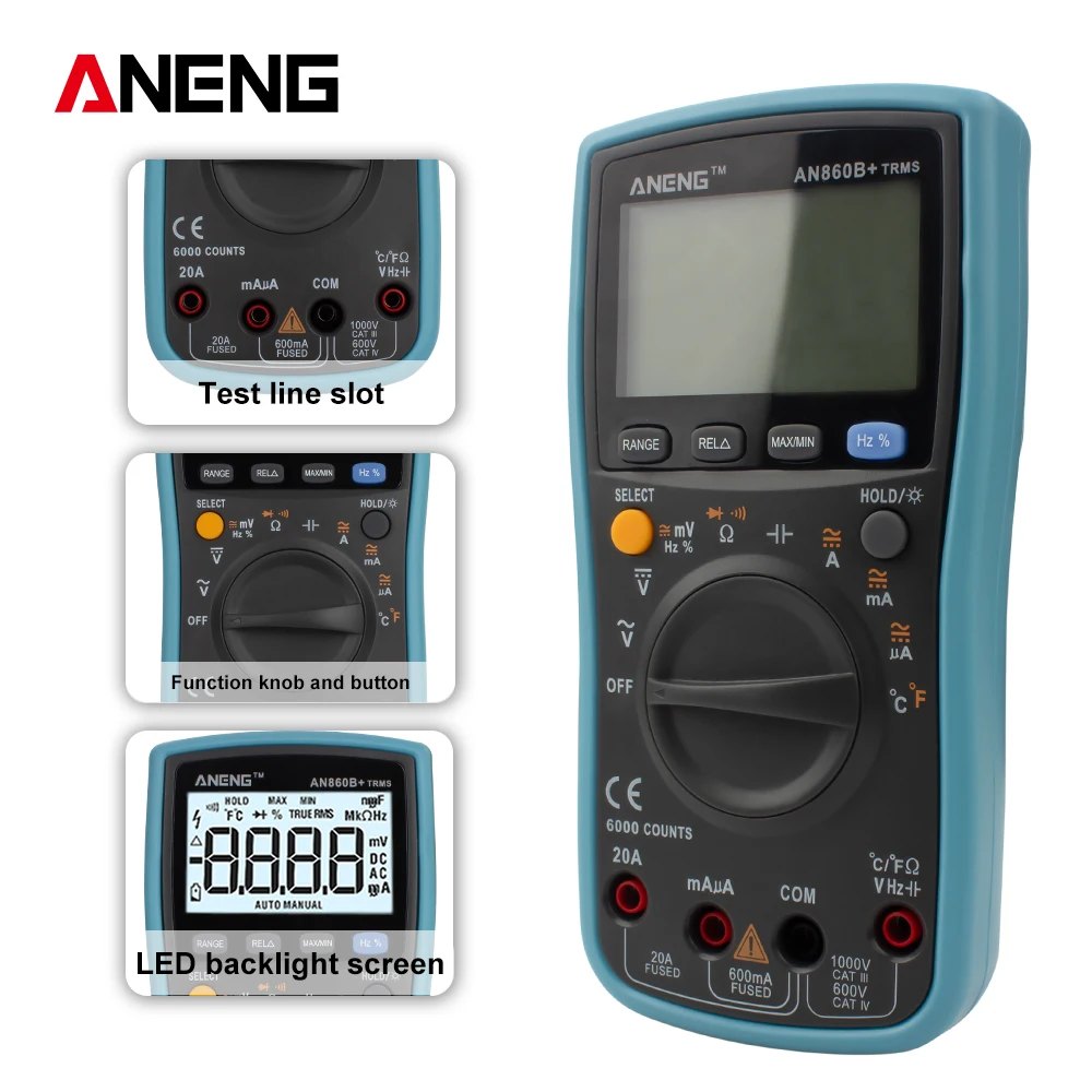 

ANENG AN860B+ Digital Clamp Meter Multimeter Handheld RMS AC/DC Resistance