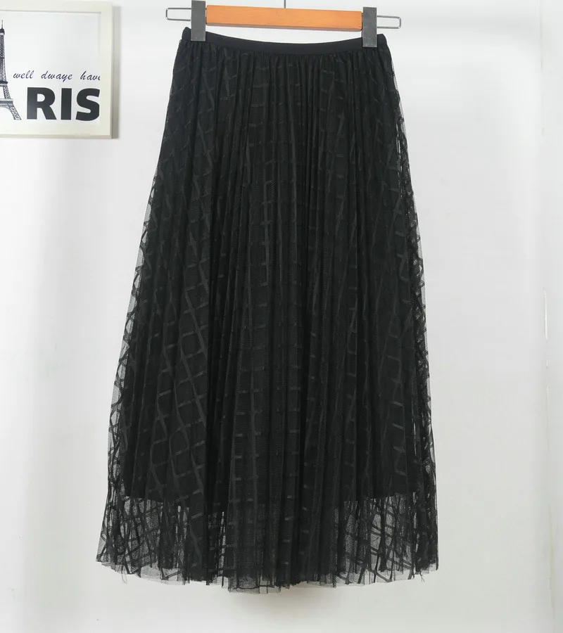 Black Plaid Женская плиссированная юбка с высокой талией, свободные длинные блестящие юбки из тюля в горошек - Цвет: Black Plaid