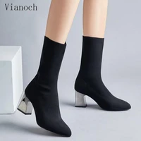fashion new black sock boots women pointed toe mid calf boots shoes winter fur stretchy fabric shoe woman wo1808163
