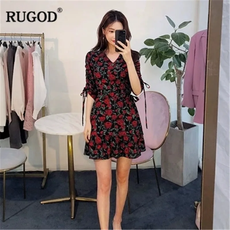 RUGOD/женское платье с цветочным принтом и v-образным вырезом мини-платье коротким