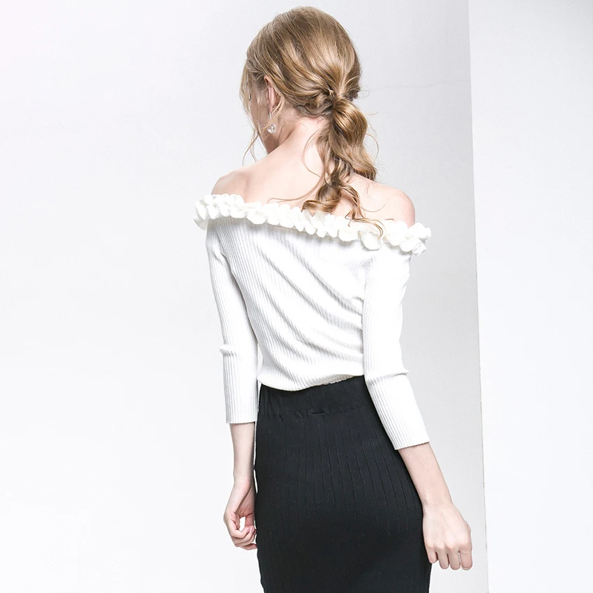 Glouphant Autumn Sexy Slash Neck Top Strapless Sweater Women Blouse Ruched Irregular Off Shoulder Women's Pullover Tops | Женская