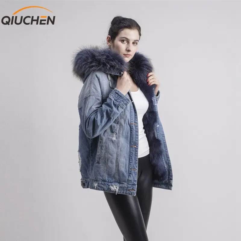 QIUCHEN PJ1816 настоящая отделка лисьим мехом три цвета куртка из денима джинсы пальто с воротником из натурального меха енота для зимней меховой парки