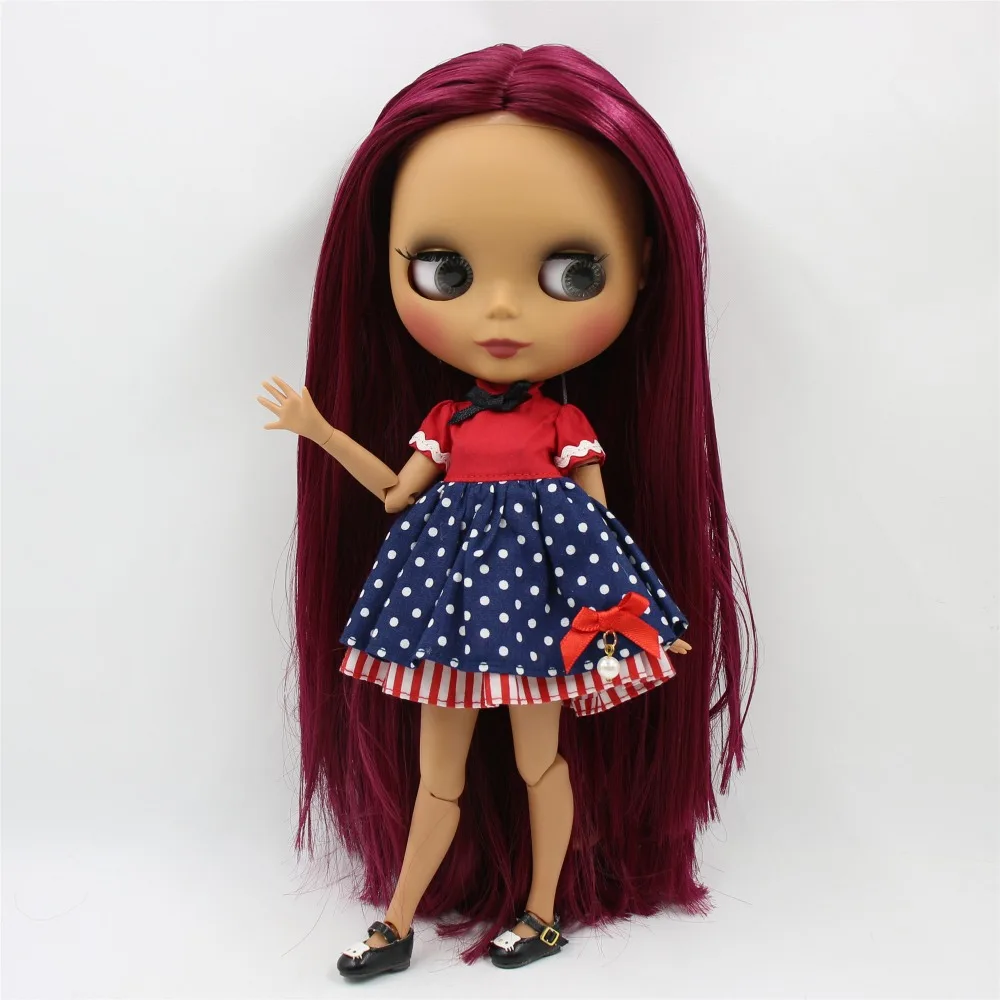 Заводская кукла blyth 1/6 bjd шарнирное тело темная кожа матовое лицо прямые розовые красные волосы BL2361 30 см