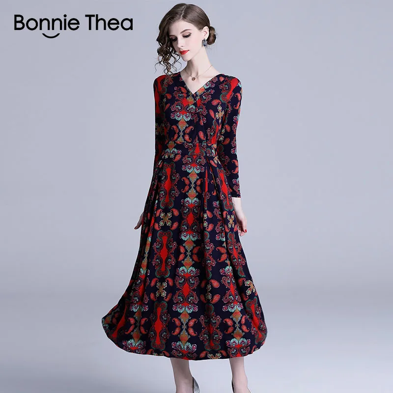 Женское платье с цветочным принтом Bonnie Thea Осеннее Элегантное Длинное винтажное