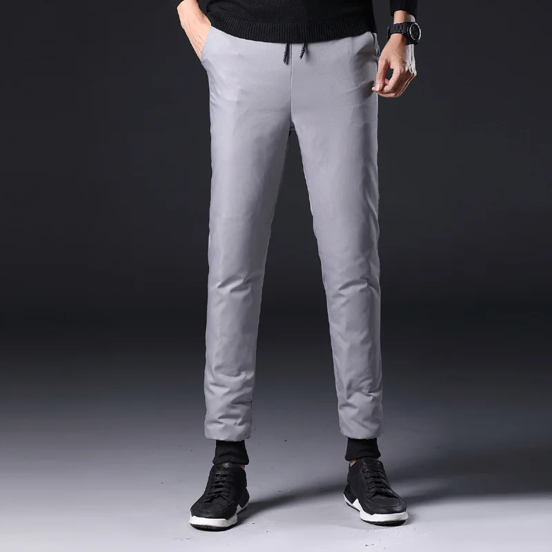 YHavaton Winter Mens 90% White Duck Down Pants Quality Elastic Waist Slim Snow Pants Warm Down Padded Trousers Male Outerwear