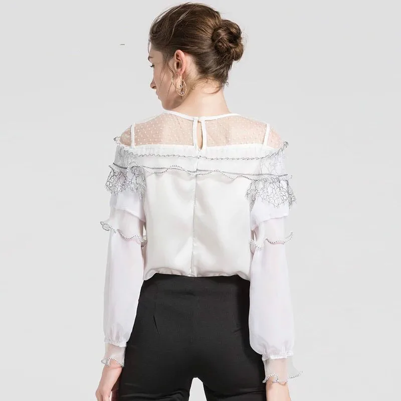 Женская кружевная блузка в горошек подиумная с оборками и длинными