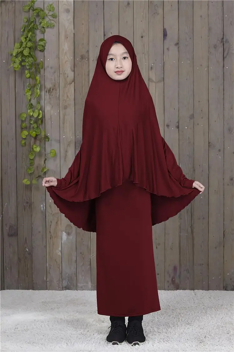 Комплект мусульманских детских платьев для девочек, jilbaw abaya Burka Hijab, исламское платье макси, молитвенная одежда, Рамадан, арабский халат, детские костюмы с полным покрытием, новинка - Цвет: Wine Red