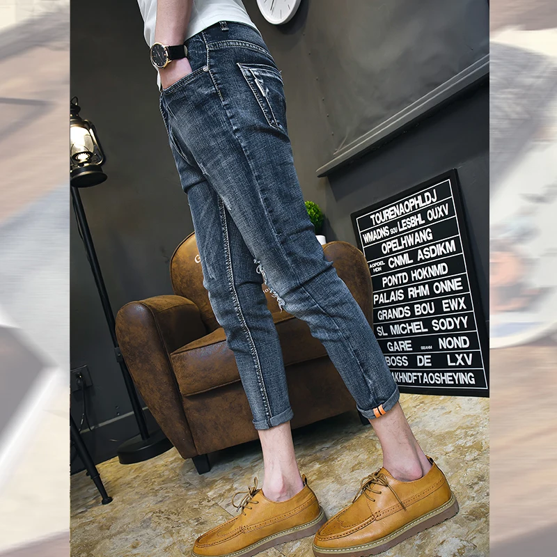 Мужские рваные джинсы в стиле кэжуал корейский модный тренд тонкие Стрейчевые