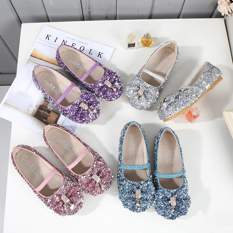 

Girls Pinecess Rhinestone Pig Leather shoes with Flat, Kids Casual & Performance shoes with bow-tie, Silver, Blue, Pink & Purple