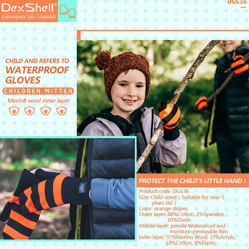Детские Водонепроницаемые перчатки Dexshell шерстяные для мальчиков и девочек