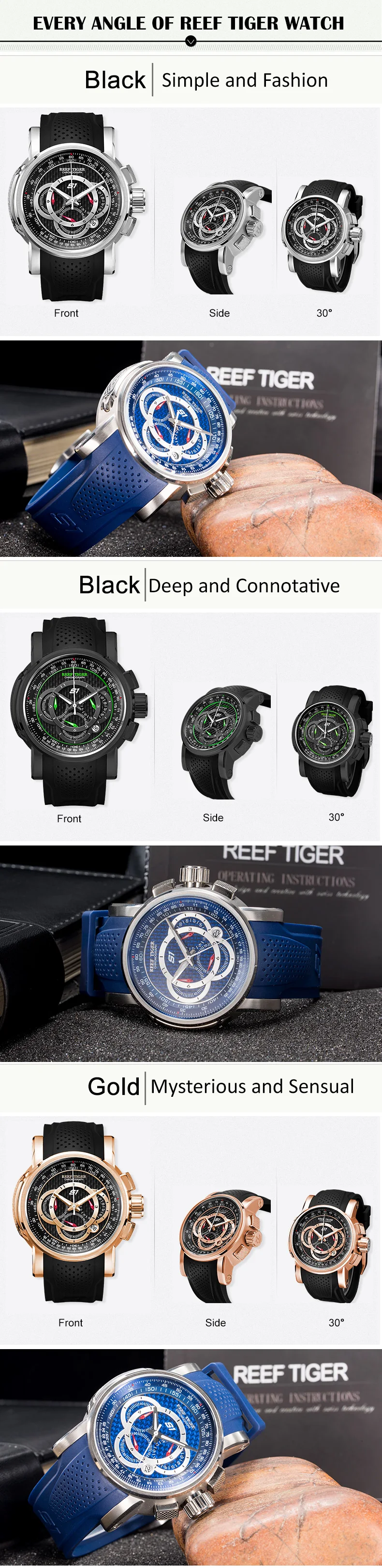 Reef Tiger/RT спортивные часы для мужчин Хронограф Дата 316L сталь, резина Ремешок Кварцевые водонепроницаемые часы Relogio Masculino+ коробка RGA3063