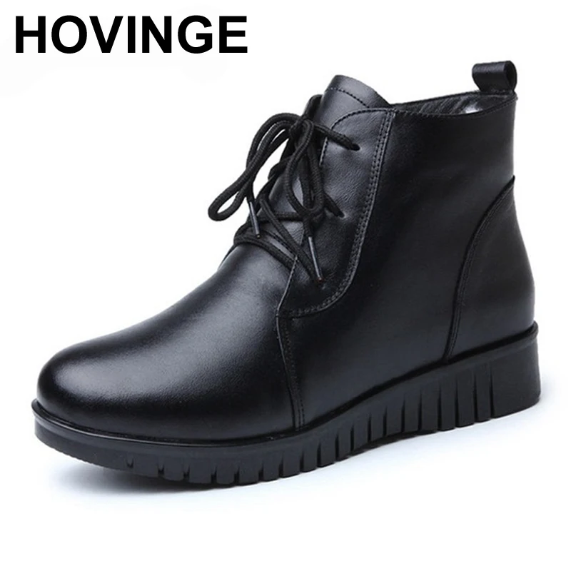 

HOVINGE Women's Boots 2018 Winter Genuine Leather Warm Wool Snow Shoes Ankle Boots For Women Black Color Shoes Fur Winter Boot