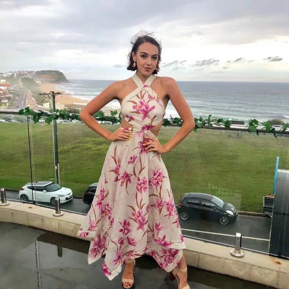 Sexy Холтер с открытыми плечами Цветочный принт кружева лоскутное летнее платье Для женщин боди со шнуровкой и вырезом на спине Нерегулярные большое, Пляжное, для свинга Открытое платье без рукавов