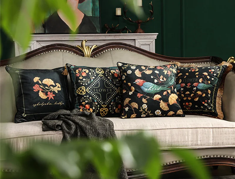 Elegant Retro Flowers Birds Pillow Cushion Cover Throw Decorative Pillows Tassel Cojines Decorativos Para Sofa Coussin Cushions