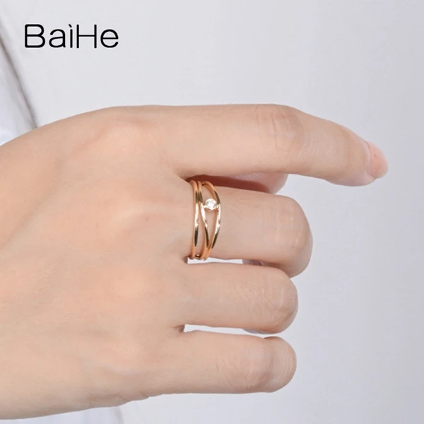 BAIHE Твердое 14 к желтое золото 0.05CT сертифицировано H/SI круглые натуральные бриллианты обручальные женские модные ювелирные изделия Подарочное кольцо