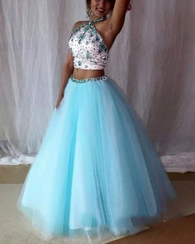 Вечерние платья кристалл бисером две части тюль холтер line спинки вечерние Vestidos