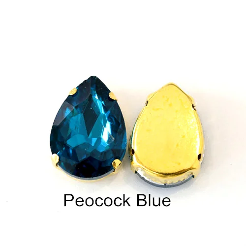 Peacock blue Каплевидные стразы из разноцветного стекла с золотым клешом, хрустальные стразы для пришивания, блестящие стразы для одежды B1025 - Цвет: Peacock blue