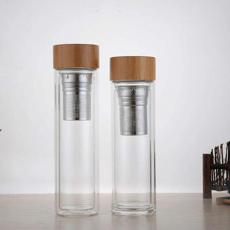 350ml 450ml glass Water bottles for dink tea with infuser bamboo lid Double Wall Bottle water brief Portable outdoor | Дом и сад