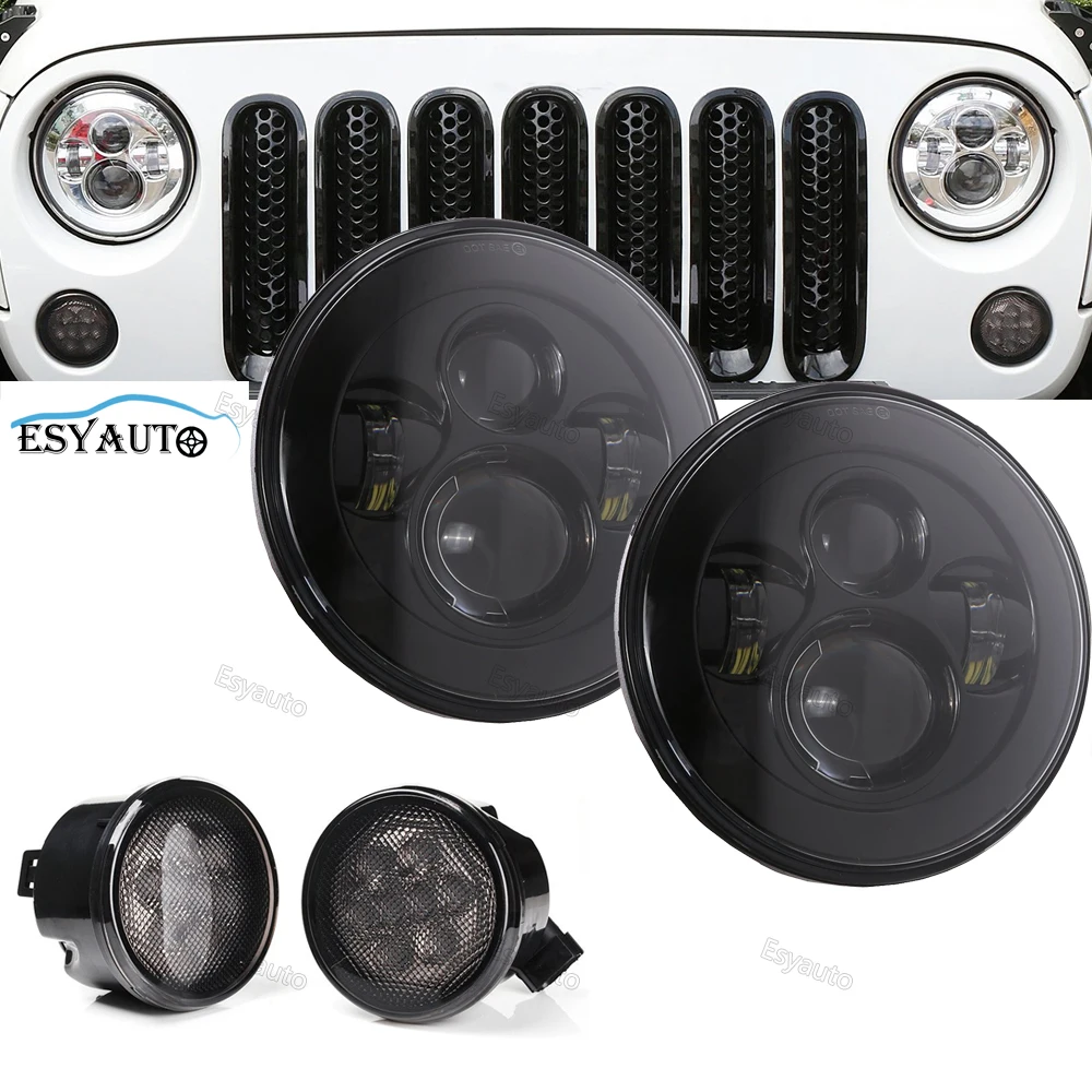 

7" LED Headlights Round 40W classic Hi/Lo Beam 7 Inch + Front Fender Grill Turn Signal Lights for Jeep Wrangler JK TJ LJ(4 pcs)
