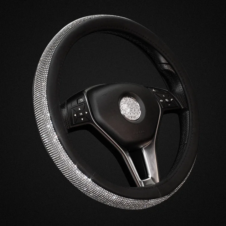 Чехол на руль, стразы, кожаный чехол на руль, универсальные аксессуары для салона, подарки для Lada kia - Название цвета: black white