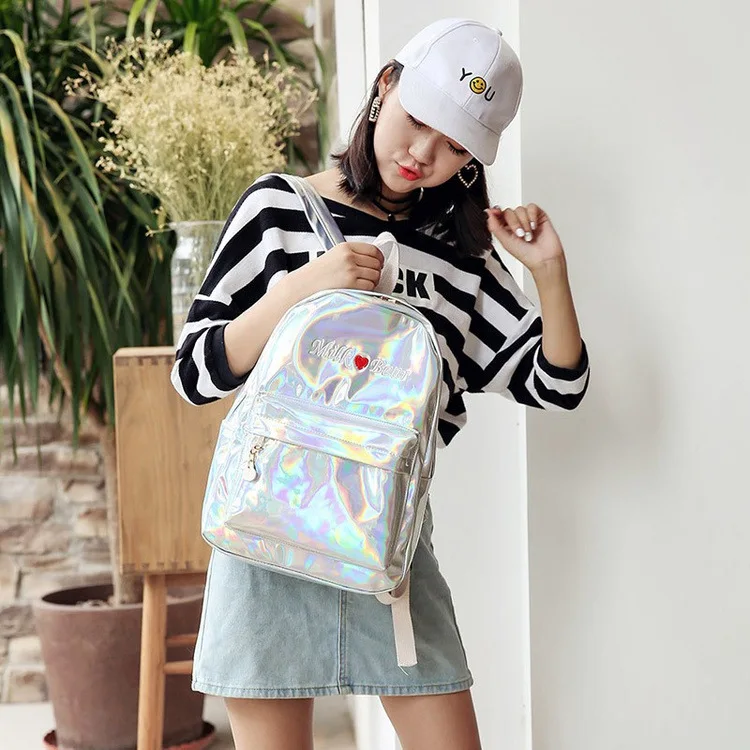 Женский рюкзак Голографический лазерный ПУ Женская Вышивка дорожная голограмма