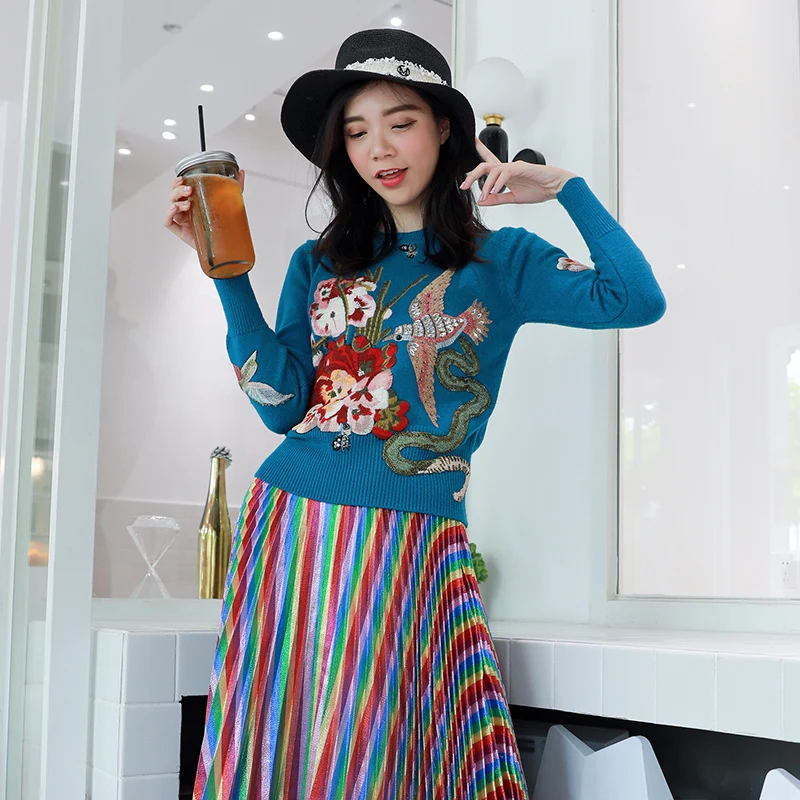 Зима 2018 Рождественский подиум женские пуловеры свитера роскошная синяя вышивка