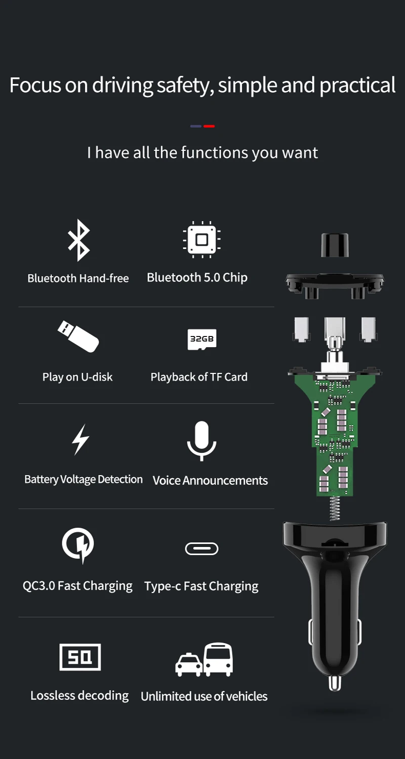 Автомобильный комплект громкой связи с Bluetooth, управление одним ключом, беспроводной Bluetooth fm-передатчик, ЖК MP3-плеер QC3.0, USB зарядное устройство, тип-c, свободные руки
