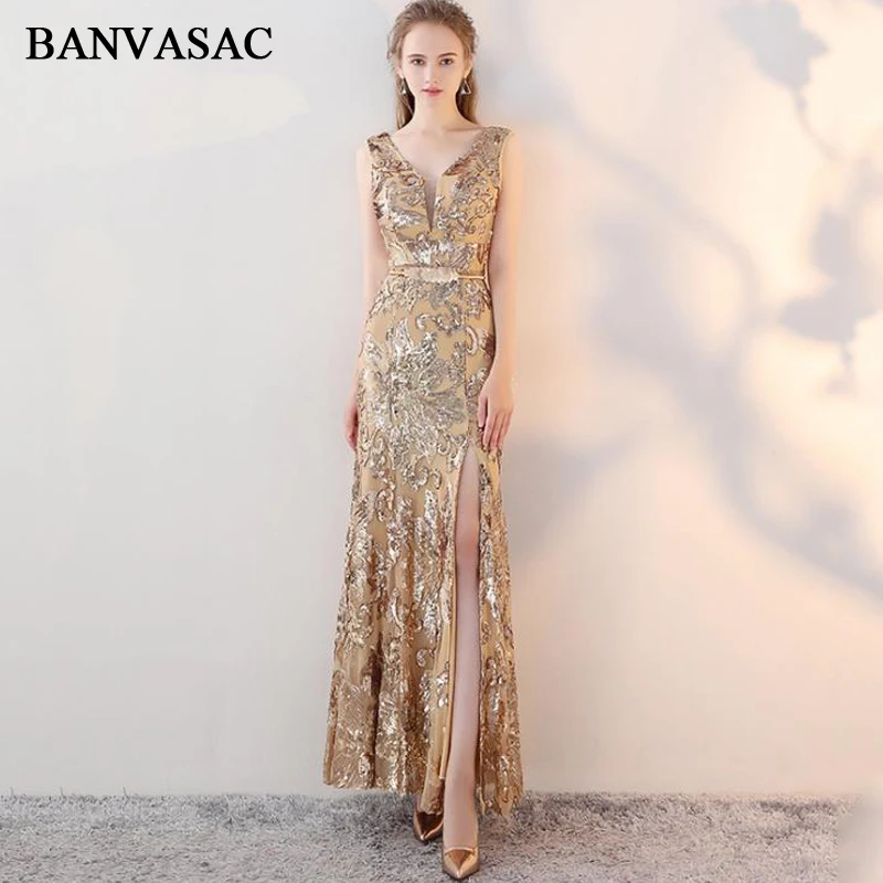 BANVASAC 2018 кружевное вечернее платье с V образным вырезом и блестками длинное юбкой