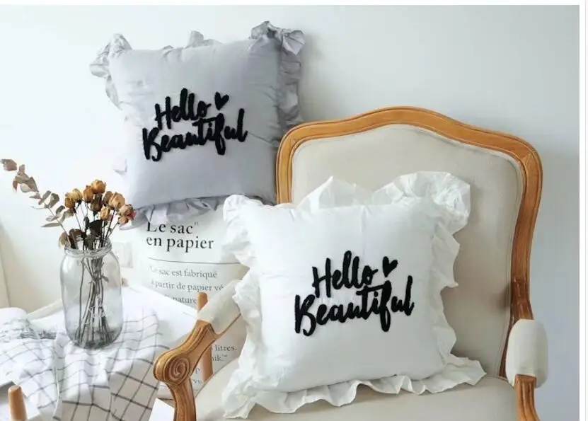 Розовая/серая/белая хлопковая наволочка с красивой вышивкой Hello кружевная для