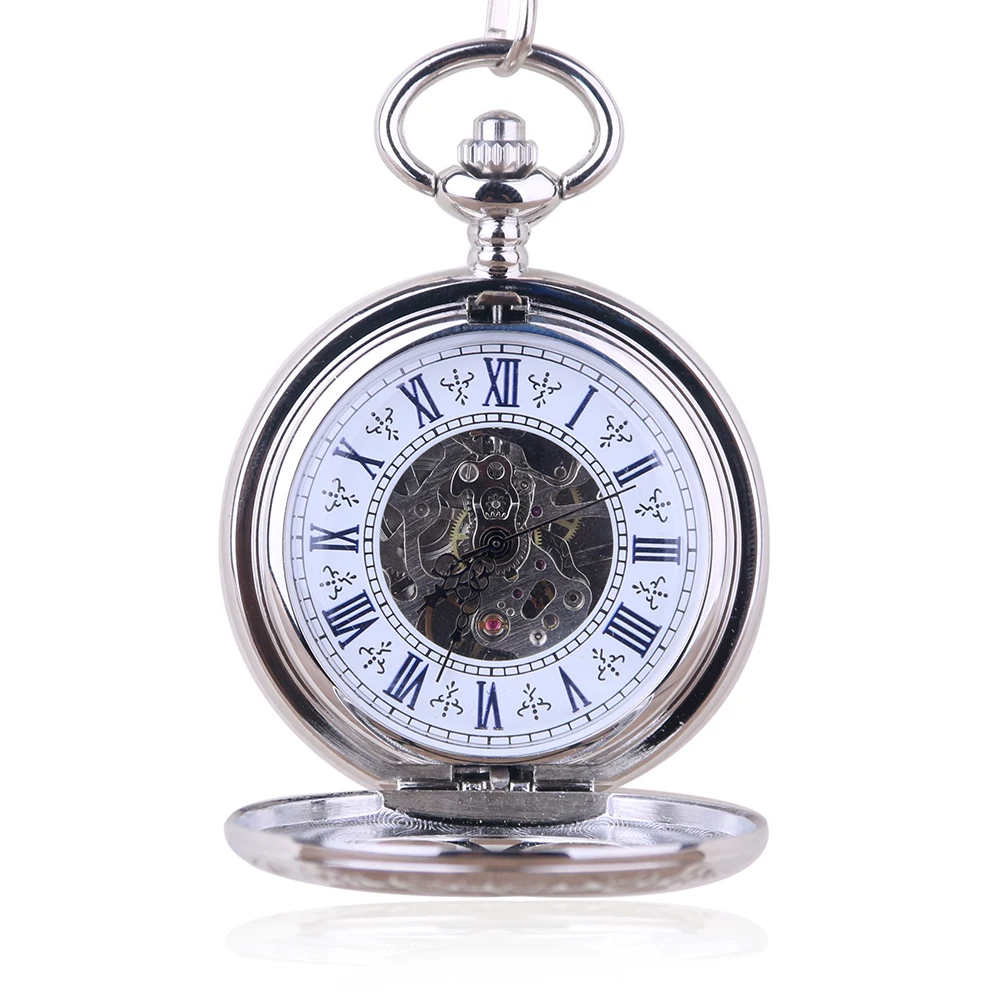 5 шт. Модные Серебряные подвесные Механические карманные часы с двойным