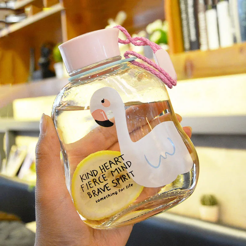 Милый Фламинго узор стеклянная бутылка для воды с поясом герметичная сока модный