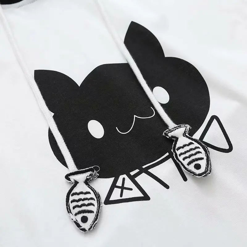 Merry Pretty футболка Женская harajuku японский стиль милый Кот патч с капюшоном Хлопок Футболка короткий рукав Повседневная Черная футболка