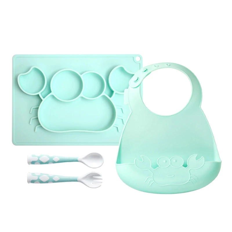 green dishes set 4 шт./компл. Детские силиконовая пластина/миска+ ложка+ вилка+ нагрудник для кормления Еда набор посуды с изображением краба из мультика с защитой от опрокидывания обучение ужин лоток - Цвет: green dishes set