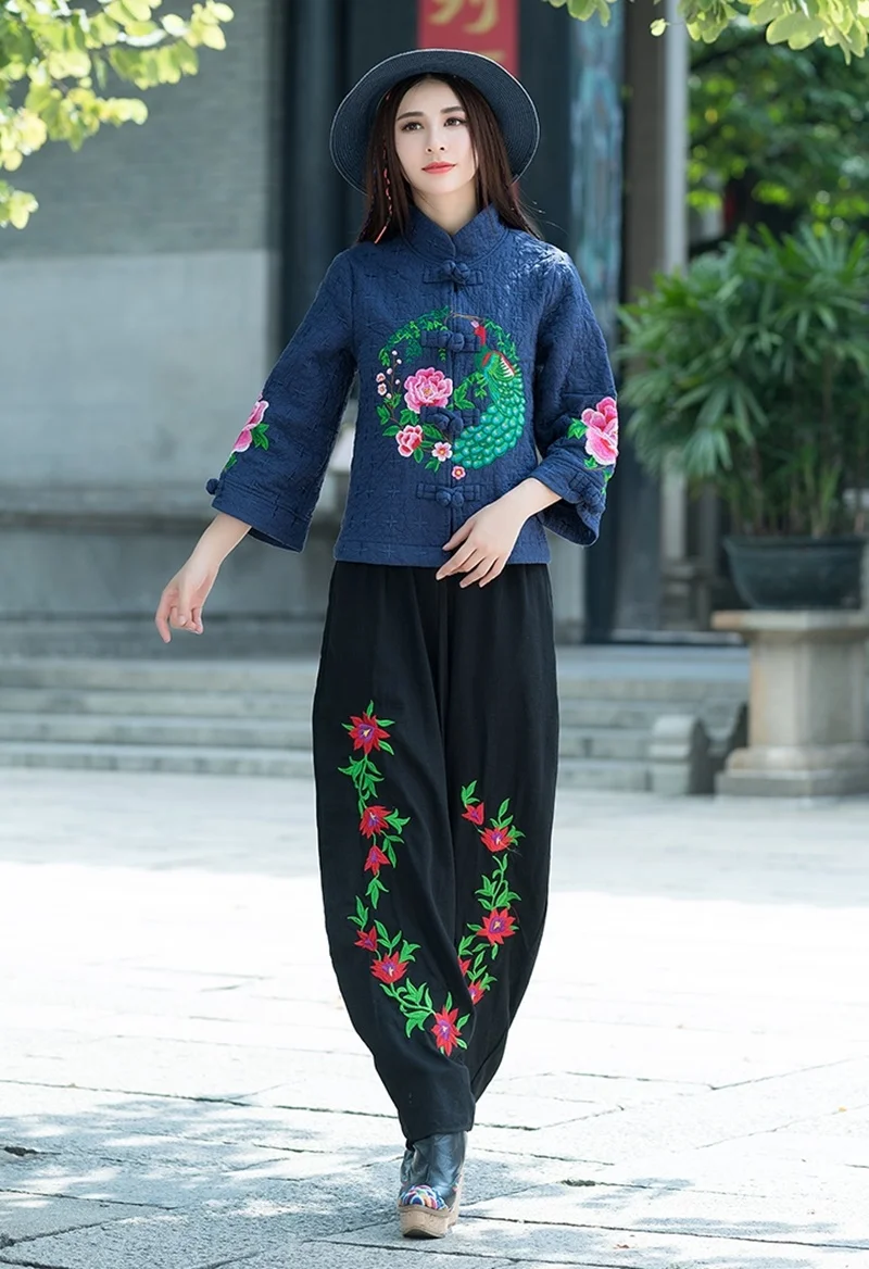Женские китайские топы, винтажное пальто с вышивкой Hanfu, этническое пальто с воротником-стойкой, хлопковая льняная одежда в китайском стиле для женщин, FF1758