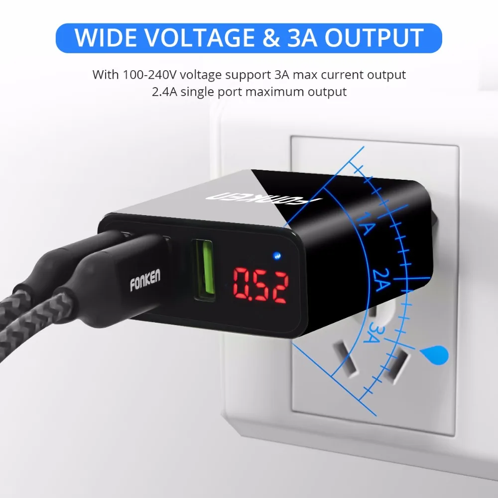FONKEN, 3 порта, USB зарядное устройство, светодиодный дисплей, быстрое зарядное устройство, Макс. 3 А, универсальный настенный адаптер для путешествий, зарядное устройство для мобильного телефона