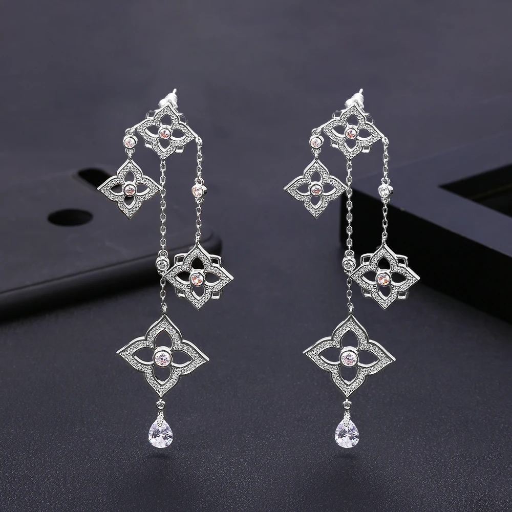 JanekellyTrendy роскошные длинные кисточки Висячие серьги для женщин Свадебные с кубическим Цирконом Кристалл Африканский Дубай серебряные свадебные серьги