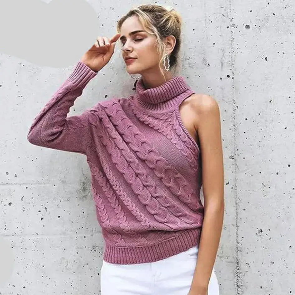 

2019 Spring And Autumn New Style Head Slant Shoulder Single-Sleeve Twist High Collar Knit Sweater Female
