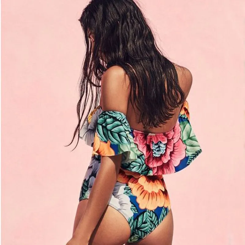 Женский купальник с открытыми плечами монокини цветочным принтом|suit swim|swimwear