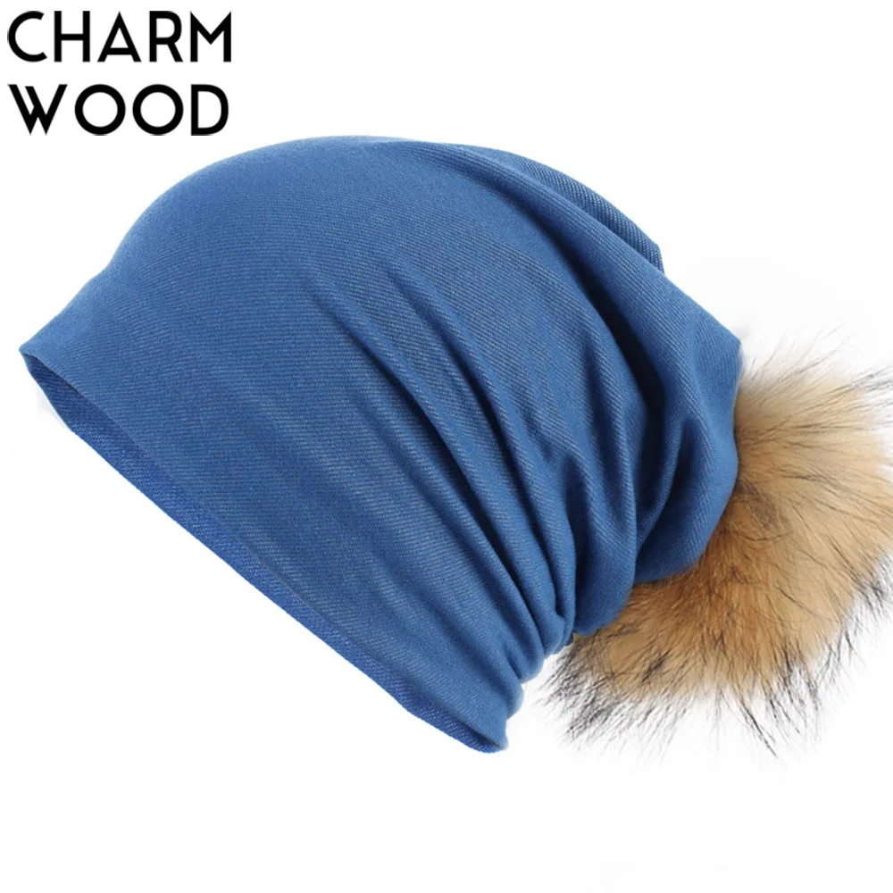 

Women's Jean Beanie Hat with Raccoon Fur Pompom Winter Plain Slouchy Beanies with Real Fur Pompom Ladies Soft Cotton Skullies