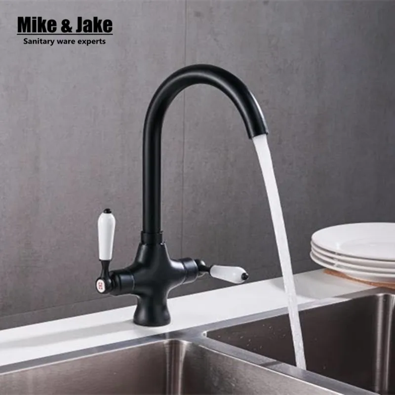 Смеситель кухонный черный с двойной ручкой кран для раковины горячей и холодной