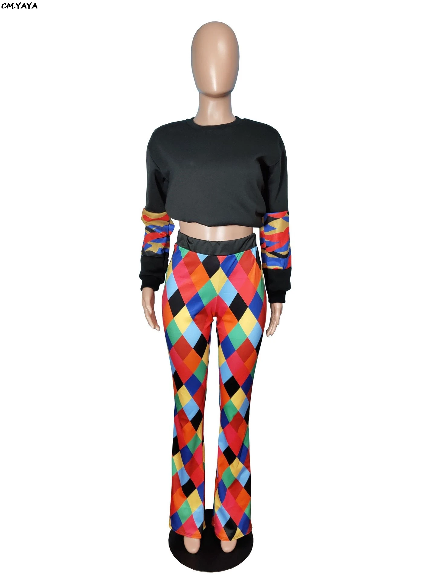 2019 women colorful plaid high waist sexy boot cut long pants beach wide leg leggings active wear trousers S-3XL A5046 | Женская одежда